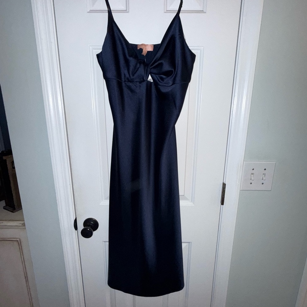Elegant Satin Navy Blue Spaghetti Strap Dress